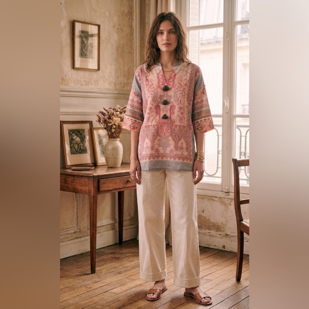 Bundle: Ethnic 100% Cotton Tunic & Momoni Italy Wide Leg Pants, Size S